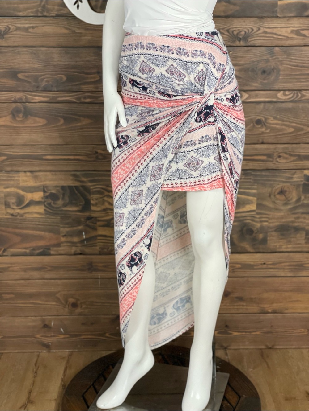 Elephant Print Pink & Navy Patterned Sarong Wrap High Low Maci Skirt Assymetric
